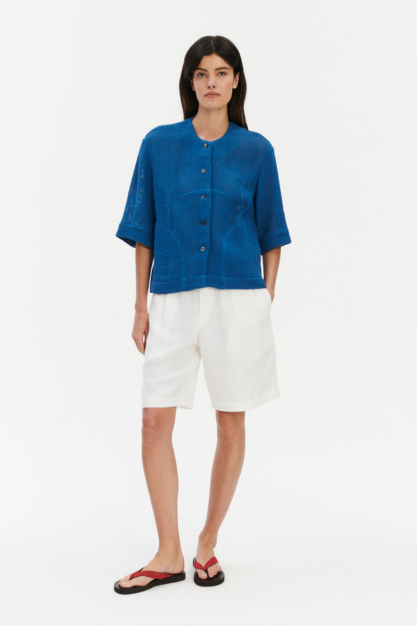 Delikatessen Relaxed Shirt Jacket In A Blue Crochet Like Fabric