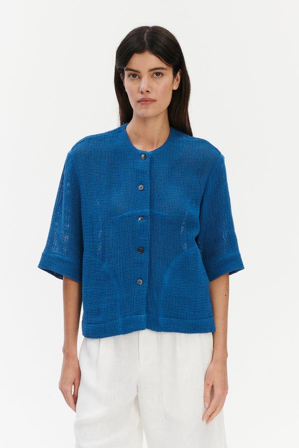 Delikatessen Relaxed Shirt Jacket In A Blue Crochet Like Fabric
