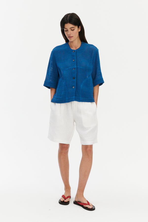 delikatessen Relaxed Shirt Jacket in a Blue Crochet like fabric delikatessen Relaxed Shirt Jacket in a Blue Crochet like fabric