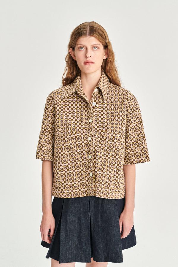 Delikatessen Relaxed Shirt Jacket In A Brown And Yellow Jacquard Woven Portuguese Cotton