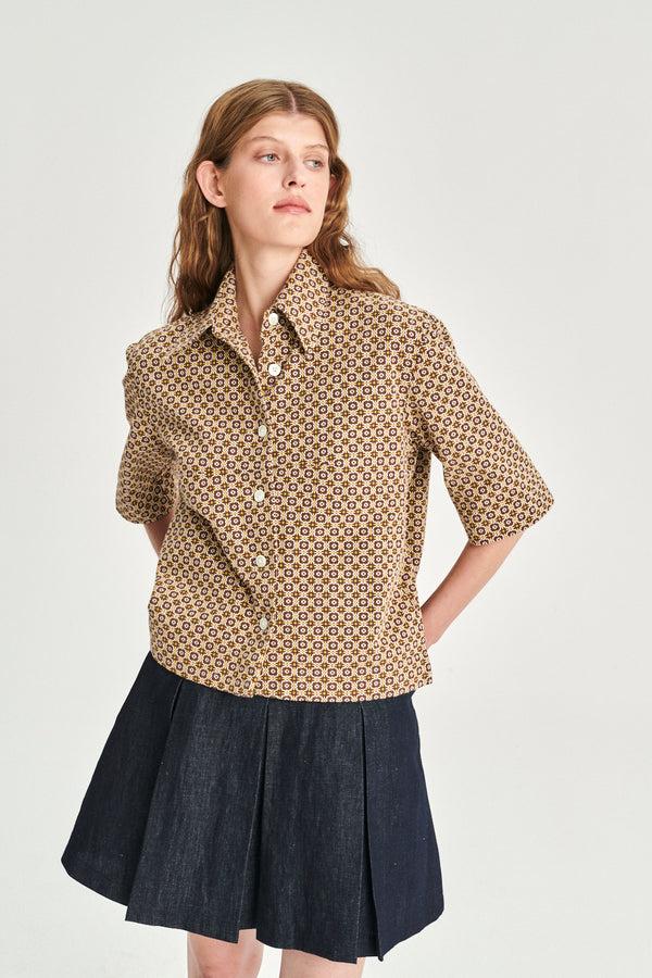 Delikatessen Relaxed Shirt Jacket In A Brown And Yellow Jacquard Woven Portuguese Cotton