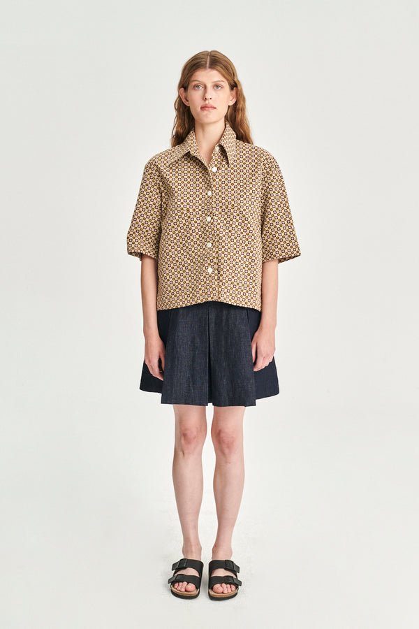 delikatessen Relaxed Shirt Jacket in a Brown and Yellow Jacquard Woven Portuguese Cotton