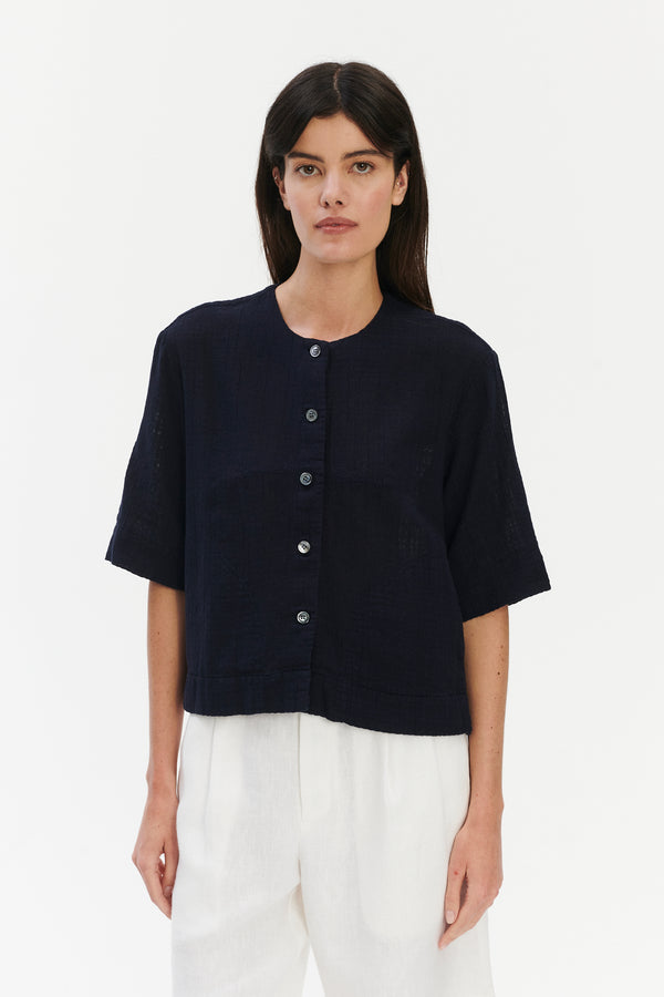 Delikatessen Relaxed Shirt Jacket In A Dark Navy Airy Structural Portuguese Cotton