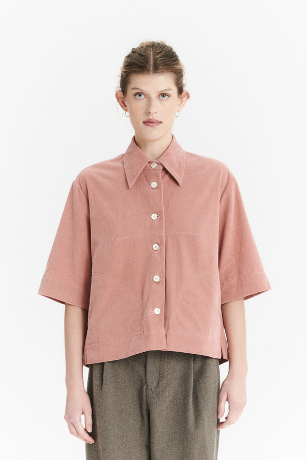 Delikatessen Relaxed Shirt Jacket In A Dusty Pink Japanese Mini Corduroy Cotton