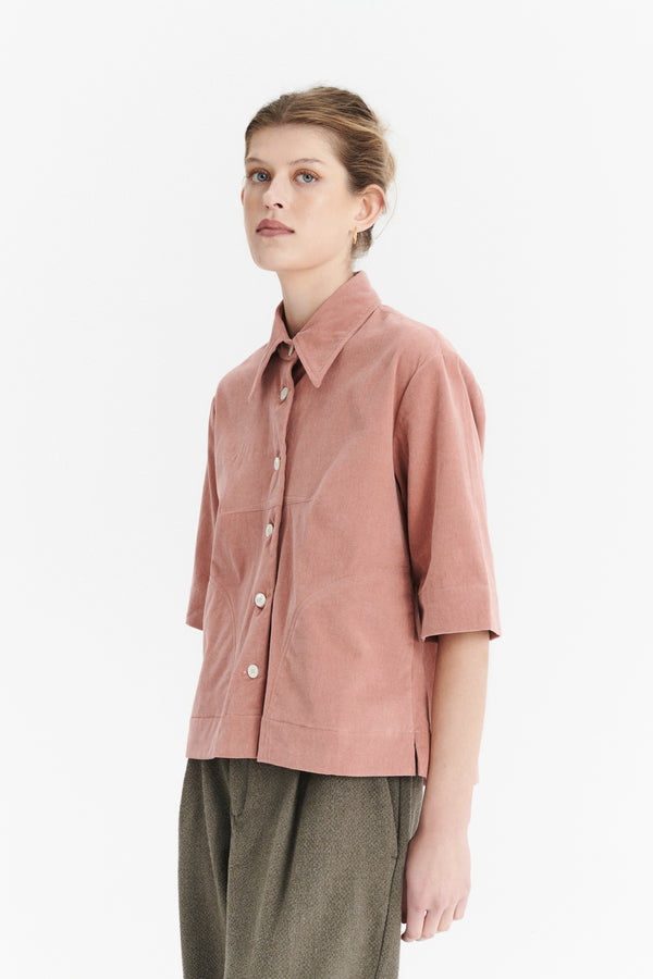 Delikatessen Relaxed Shirt Jacket In A Dusty Pink Japanese Mini Corduroy Cotton