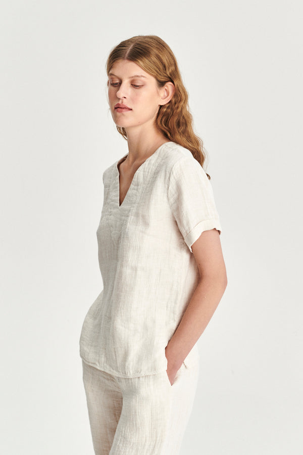 Delikatessen Relaxed Top In A Double Sided Off-White Fatigue Italian Linen