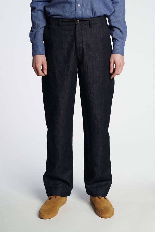 delikatessen Rolling Hills Trousers in a Rinsed Dark Blue Italian Denim Mix of Hemp and Cotton