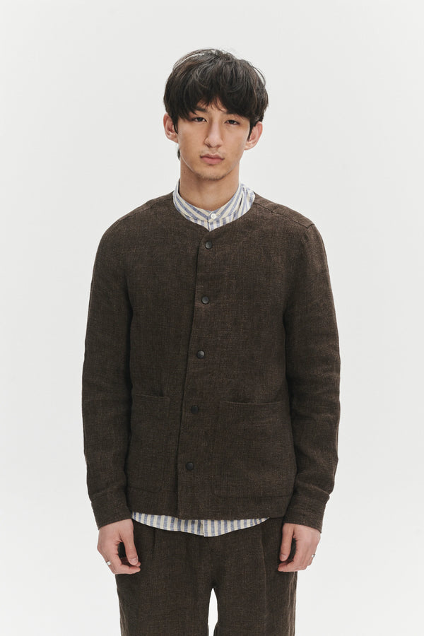 Delikatessen Round Collar Jacket In A Brown Fluid And Structured Italian Linen Crepe