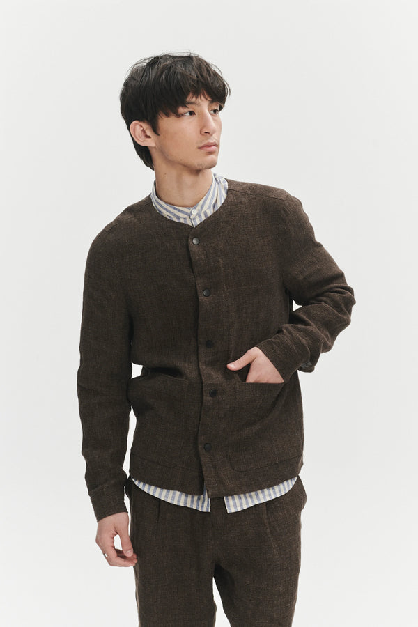 Delikatessen Round Collar Jacket In A Brown Fluid And Structured Italian Linen Crepe