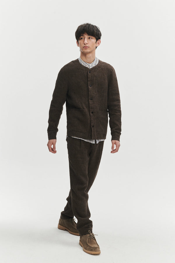delikatessen Round Collar Jacket in a Brown Fluid and Structured Italian Linen Crepe