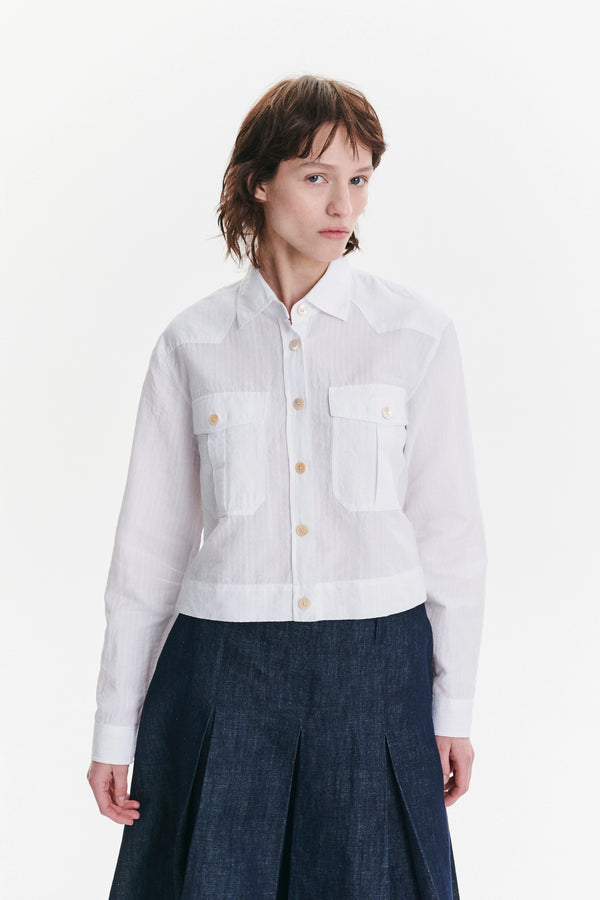 Delikatessen Shirt Jacket In A White Soft Portuguese Cotton And Linen Seersucker