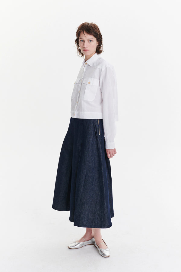 delikatessen Shirt Jacket in a White Soft Portuguese Cotton and Linen Seersucker