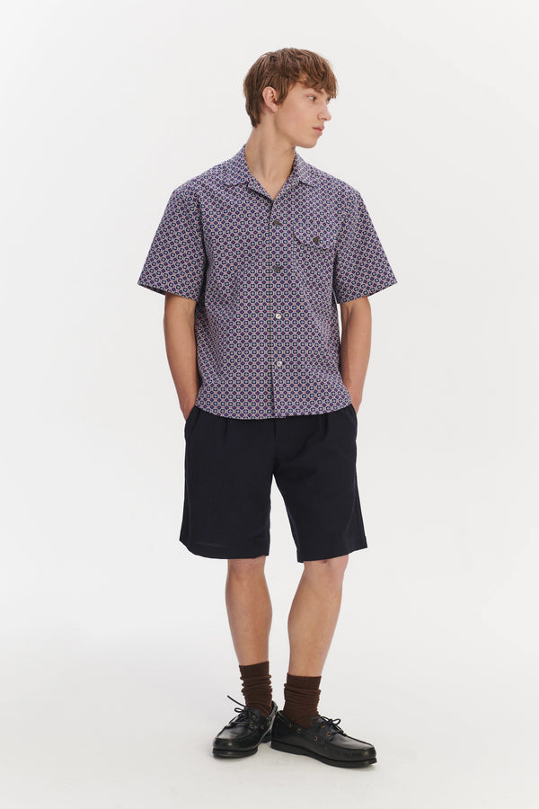 Delikatessen Short Sleeve Camp Collar Shirt In A Berlin Blue Purple And White Portuguese Jacquard Cotton