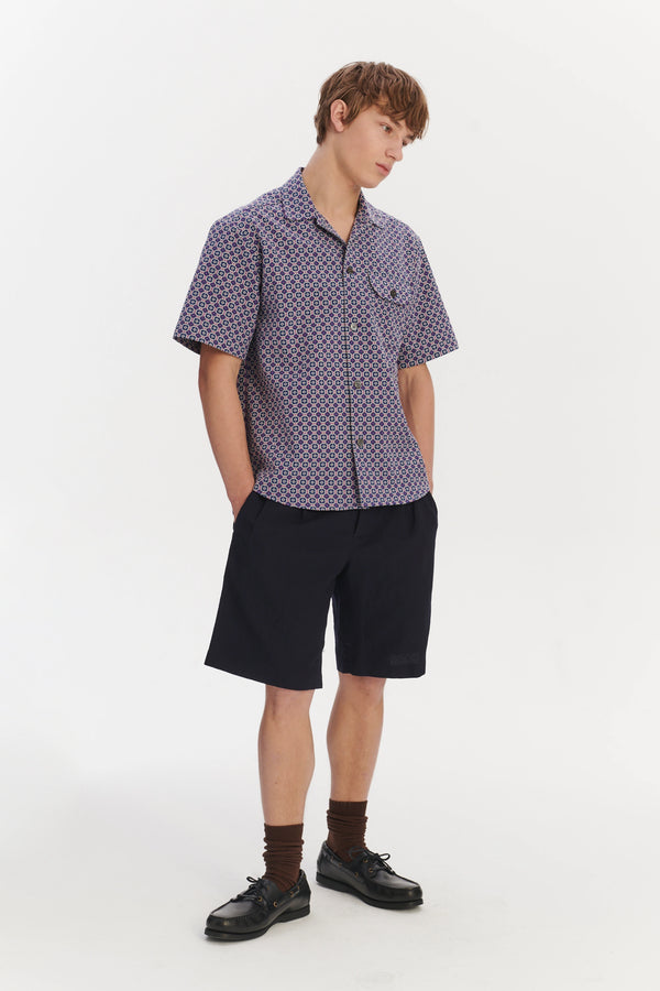 Delikatessen Short Sleeve Camp Collar Shirt In A Berlin Blue Purple And White Portuguese Jacquard Cotton