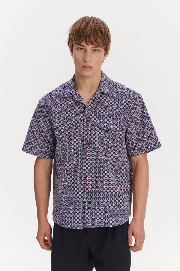 Delikatessen Short Sleeve Camp Collar Shirt In A Berlin Blue Purple And White Portuguese Jacquard Cotton