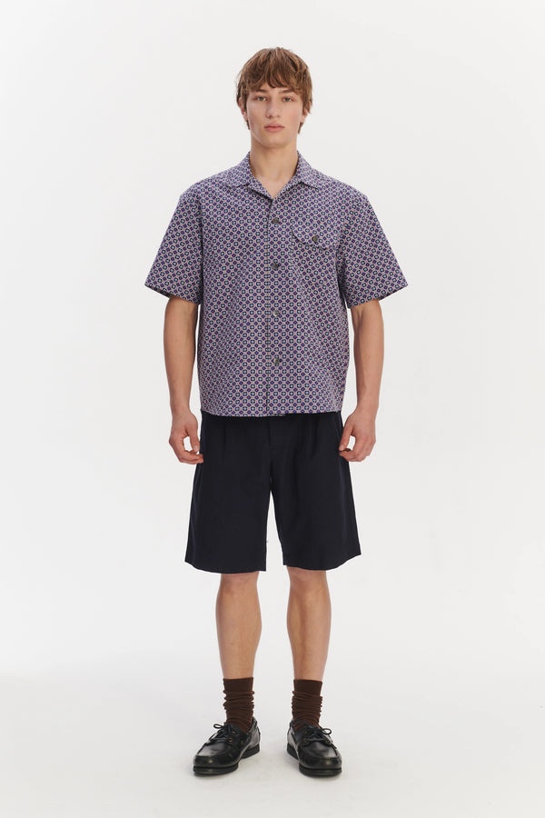 delikatessen Short Sleeve Camp Collar Shirt in a Berlin Blue Purple and White Portuguese Jacquard Cotton
