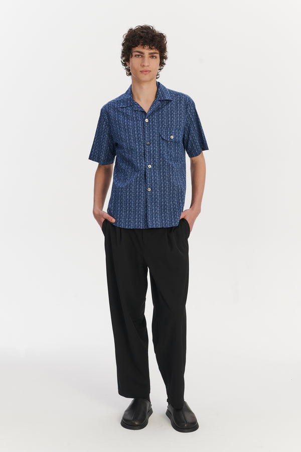 delikatessen Short Sleeve Camp Collar Shirt In A Blue Abstract Print Italian Cotton