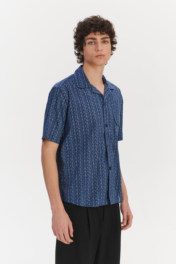 delikatessen Short Sleeve Camp Collar Shirt In A Blue Abstract Print Italian Cotton