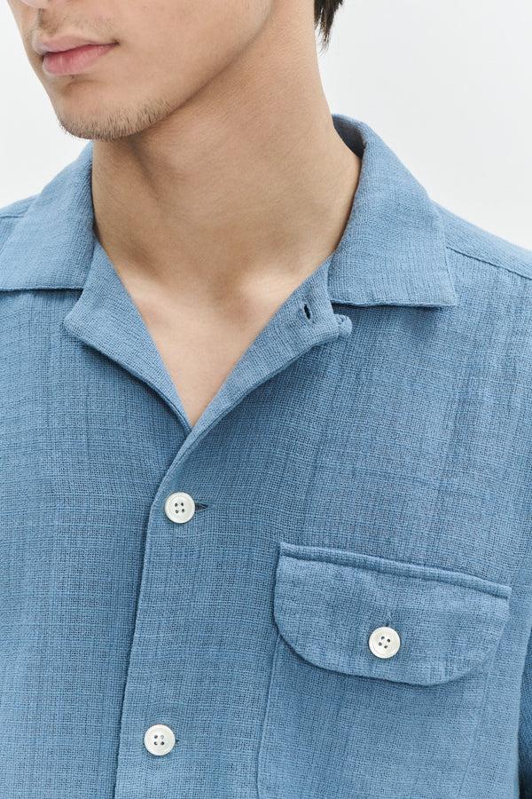 Delikatessen Short Sleeve Camp Collar Shirt In A Blue Airy Structural Portuguese Cotton