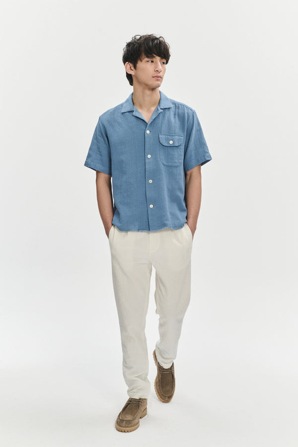 Delikatessen Short Sleeve Camp Collar Shirt In A Blue Airy Structural Portuguese Cotton