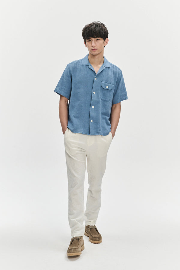 delikatessen Short Sleeve Camp Collar Shirt in a Blue Airy Structural Portuguese Cotton