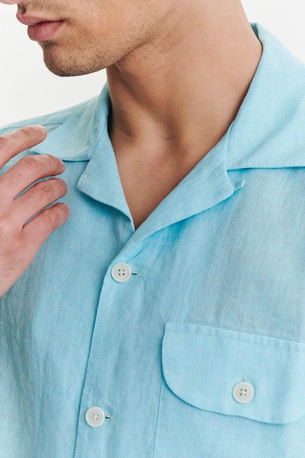 Delikatessen Short Sleeve Camp Collar Shirt In A Blue Turquoise Soft Italian Cotton Seersucker