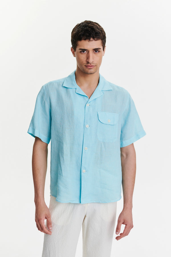 Delikatessen Short Sleeve Camp Collar Shirt In A Blue Turquoise Soft Italian Cotton Seersucker