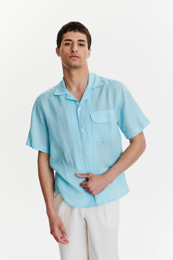 Delikatessen Short Sleeve Camp Collar Shirt In A Blue Turquoise Soft Italian Cotton Seersucker