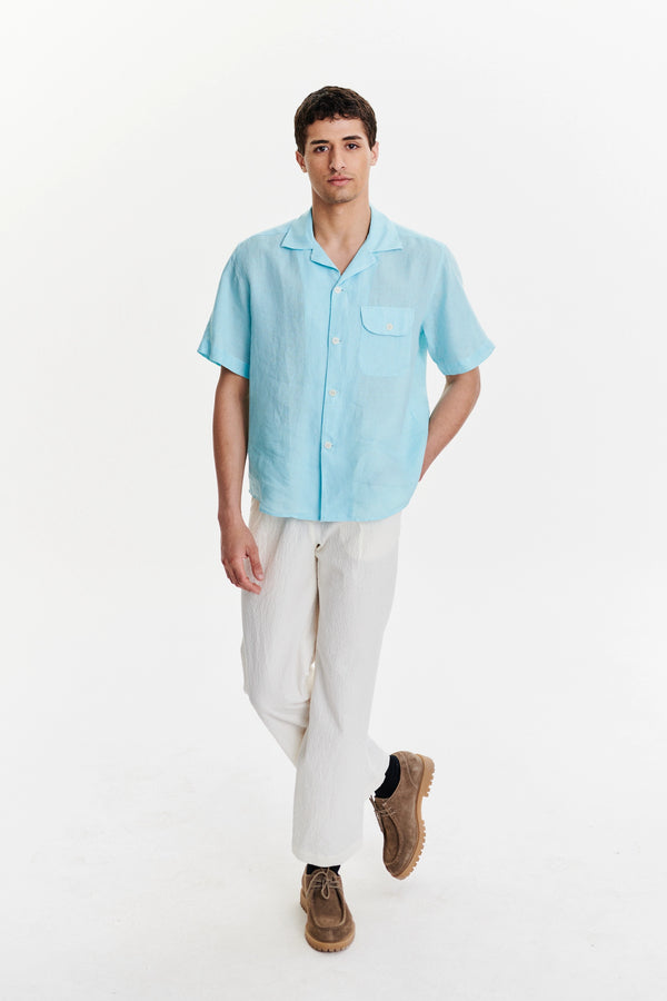 delikatessen Short Sleeve Camp Collar Shirt in a Blue Turquoise Soft Italian Cotton Seersucker