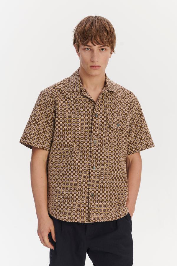 Delikatessen Short Sleeve Camp Collar Shirt In A Brown And Yellow Portuguese Jacquard Cotton