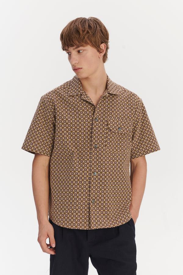 Delikatessen Short Sleeve Camp Collar Shirt In A Brown And Yellow Portuguese Jacquard Cotton