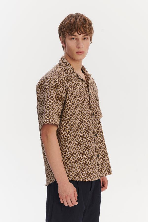Delikatessen Short Sleeve Camp Collar Shirt In A Brown And Yellow Portuguese Jacquard Cotton