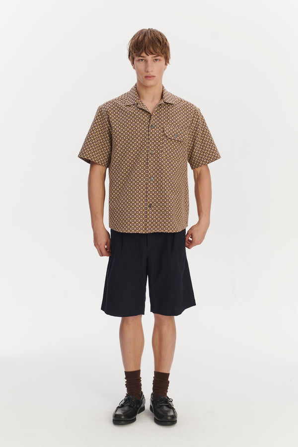 delikatessen Short Sleeve Camp Collar Shirt in a Brown and Yellow Portuguese Jacquard Cotton