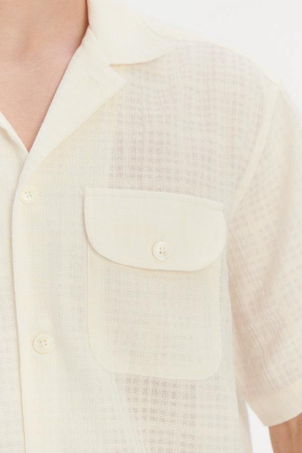 Delikatessen Short Sleeve Camp Collar Shirt In A Cream White Airy Structural Portuguese Cotton
