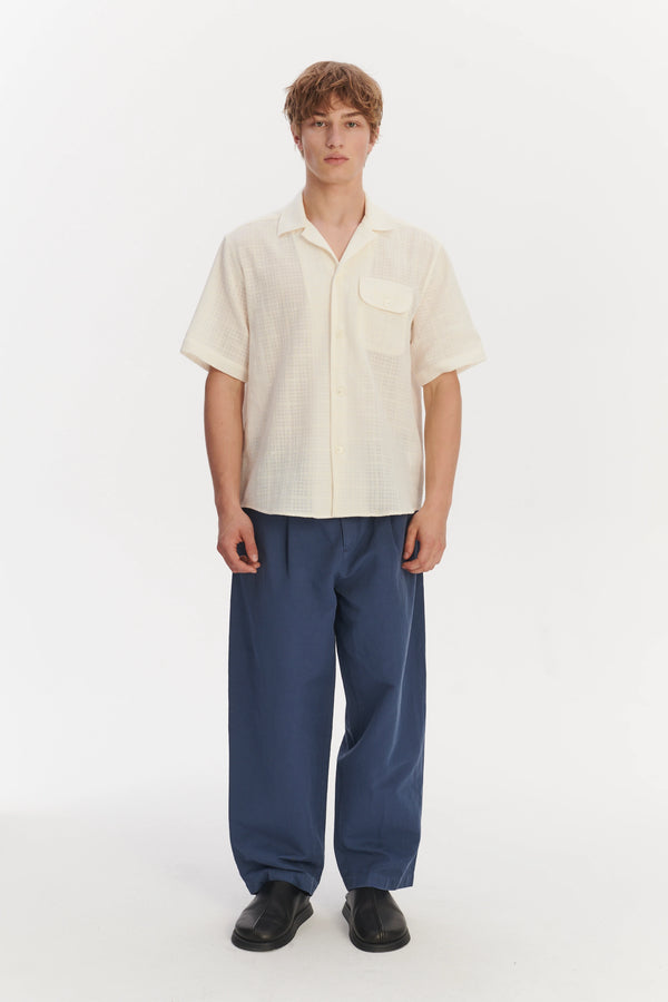 delikatessen Short Sleeve Camp Collar Shirt in a Cream White Airy Structural Portuguese Cotton