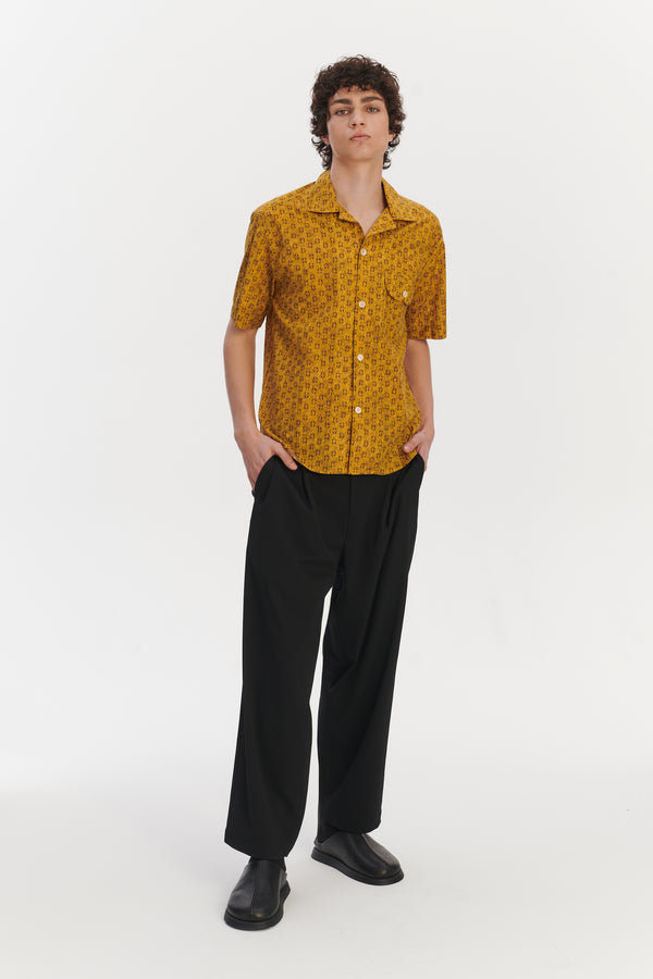 Delikatessen Short Sleeve Camp Collar Shirt In A Curcuma And Sepia Italian Cotton