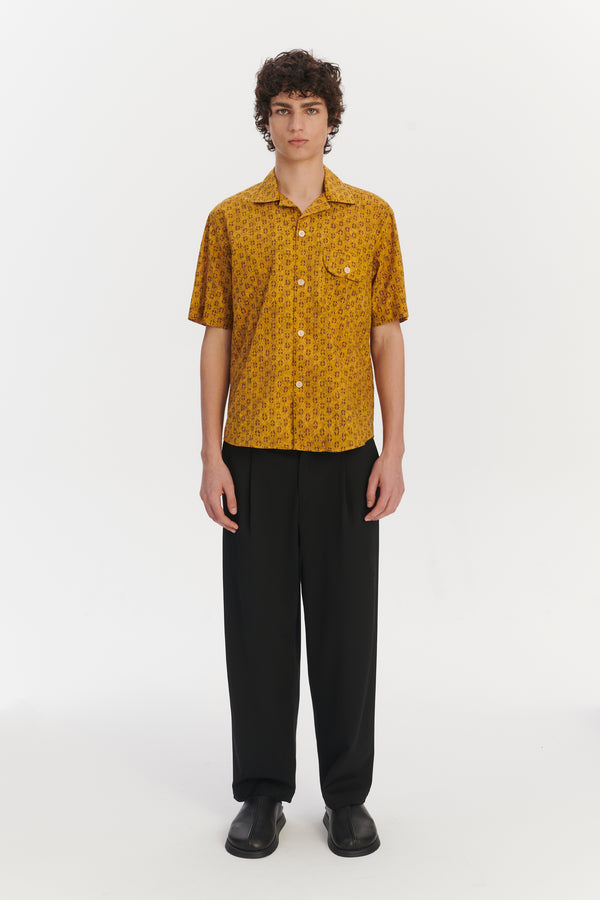 Delikatessen Short Sleeve Camp Collar Shirt In A Curcuma And Sepia Italian Cotton