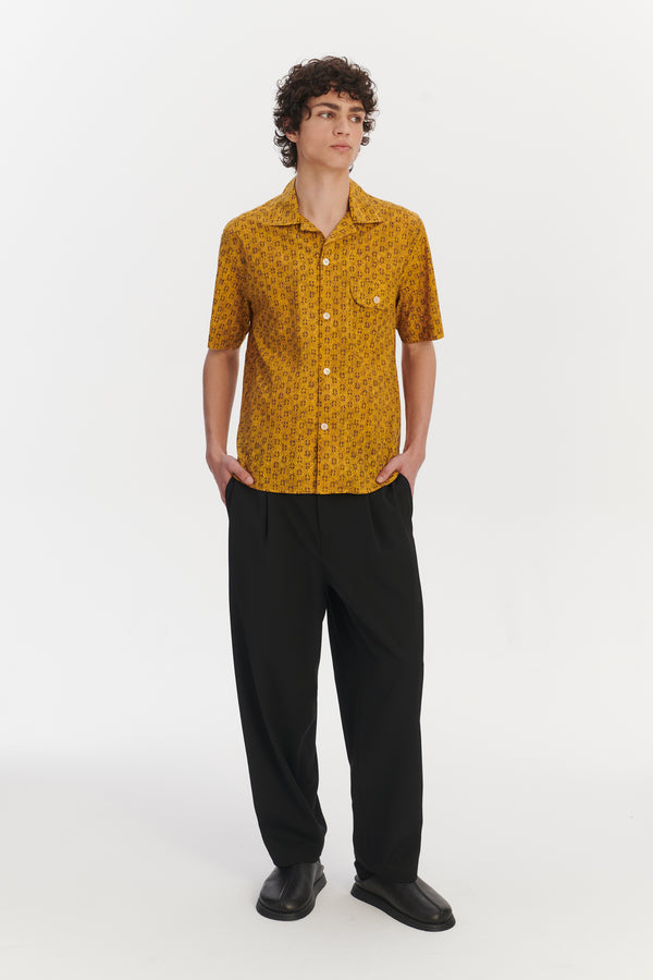 delikatessen Short Sleeve Camp Collar Shirt in a Curcuma and Sepia Italian Cotton