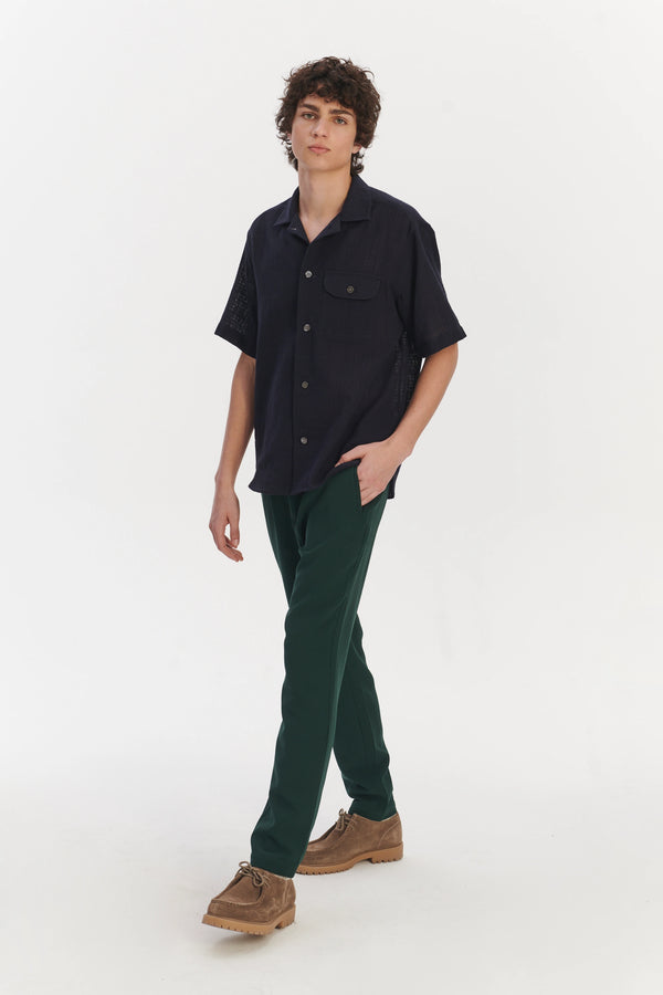 Delikatessen Short Sleeve Camp Collar Shirt In A Dark Navy Airy Structural Portuguese Cotton