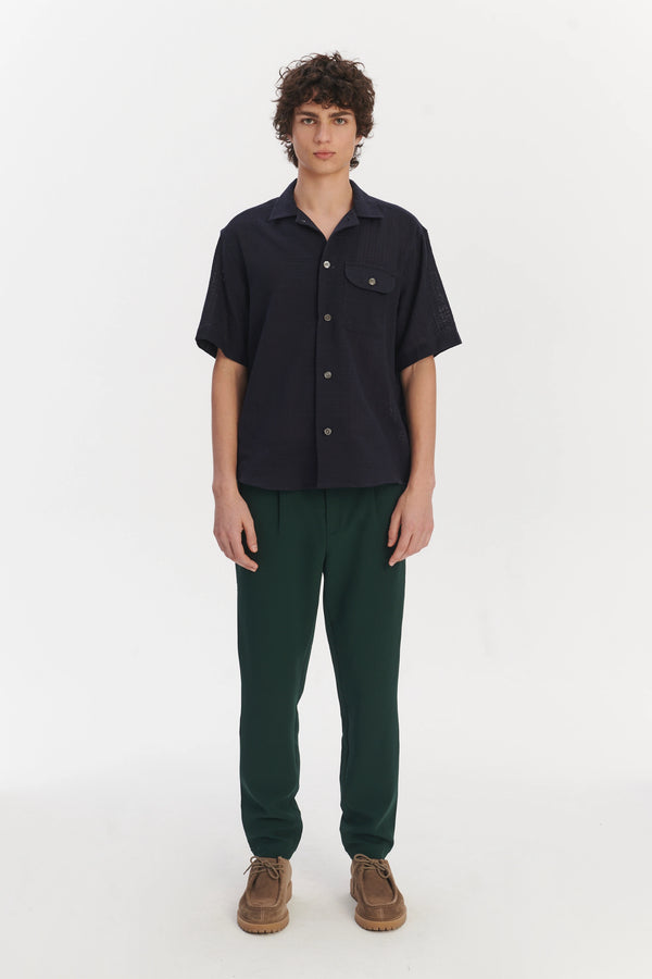 Delikatessen Short Sleeve Camp Collar Shirt In A Dark Navy Airy Structural Portuguese Cotton