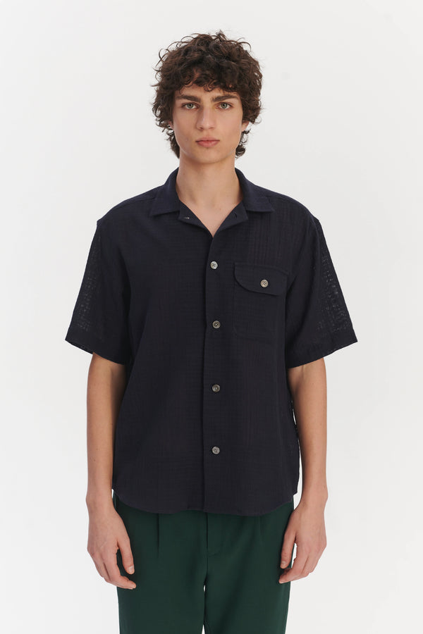 Delikatessen Short Sleeve Camp Collar Shirt In A Dark Navy Airy Structural Portuguese Cotton