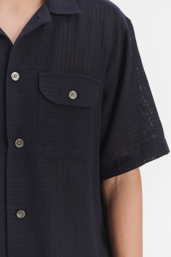 delikatessen Short Sleeve Camp Collar Shirt in a Dark Navy Airy Structural Portuguese Cotton