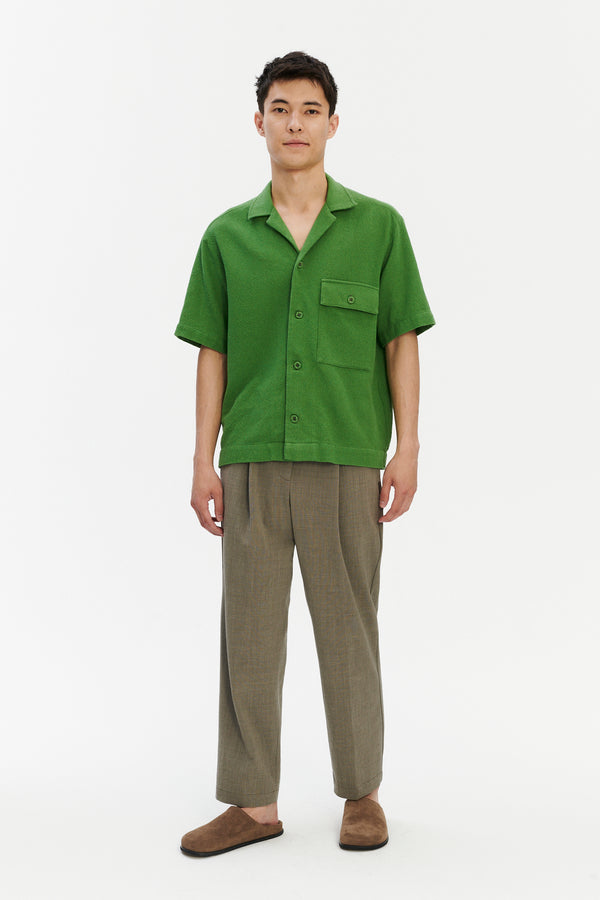 Delikatessen Short Sleeve Camp Collar Shirt In A Fresh Grass Green Structural Portuguese Cotton