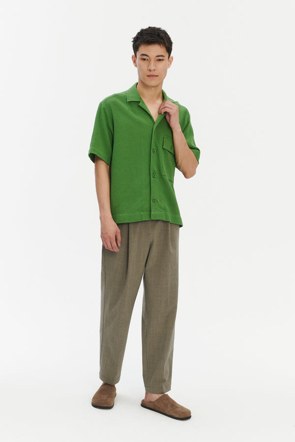 Delikatessen Short Sleeve Camp Collar Shirt In A Fresh Grass Green Structural Portuguese Cotton