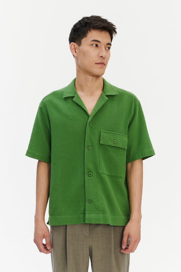 Delikatessen Short Sleeve Camp Collar Shirt In A Fresh Grass Green Structural Portuguese Cotton