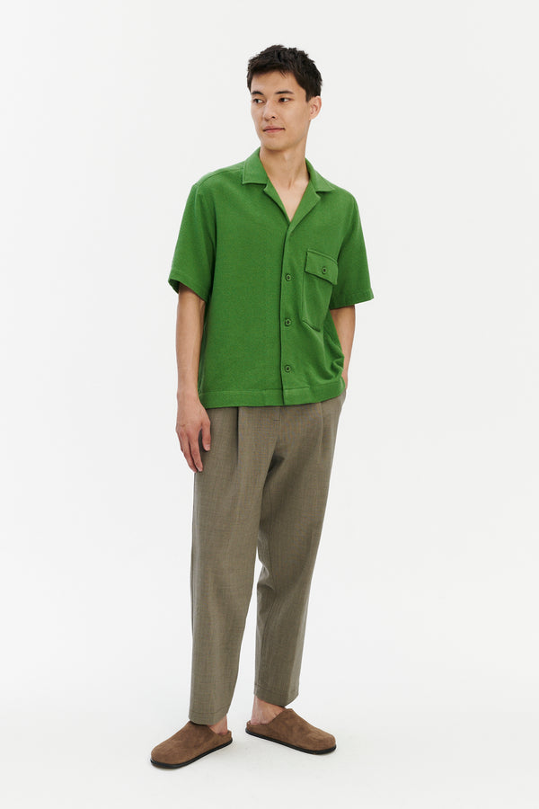delikatessen Short Sleeve Camp Collar Shirt In a Fresh Grass Green Structural Portuguese Cotton