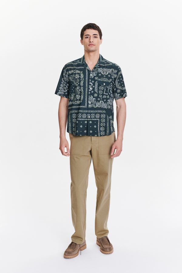 Delikatessen Short Sleeve Camp Collar Shirt In A Green Bandana Print Italian Cotton