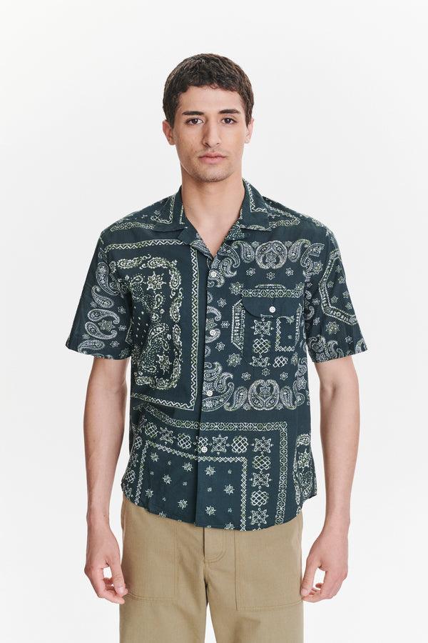 Delikatessen Short Sleeve Camp Collar Shirt In A Green Bandana Print Italian Cotton