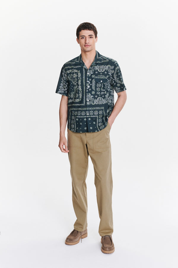 delikatessen Short Sleeve Camp Collar Shirt in a Green Bandana Print Italian Cotton