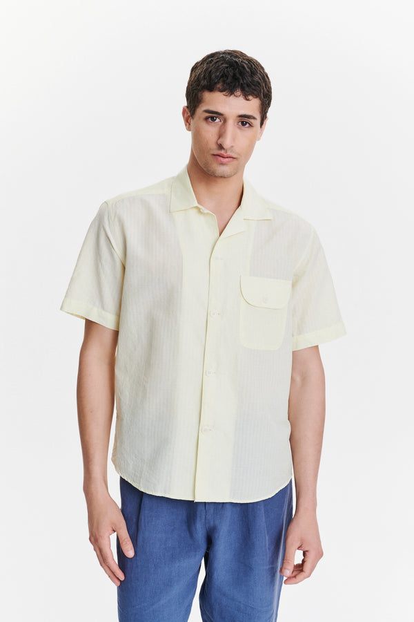 Delikatessen Short Sleeve Camp Collar Shirt In A Lemon Cream Soft Italian Cotton Seersucker